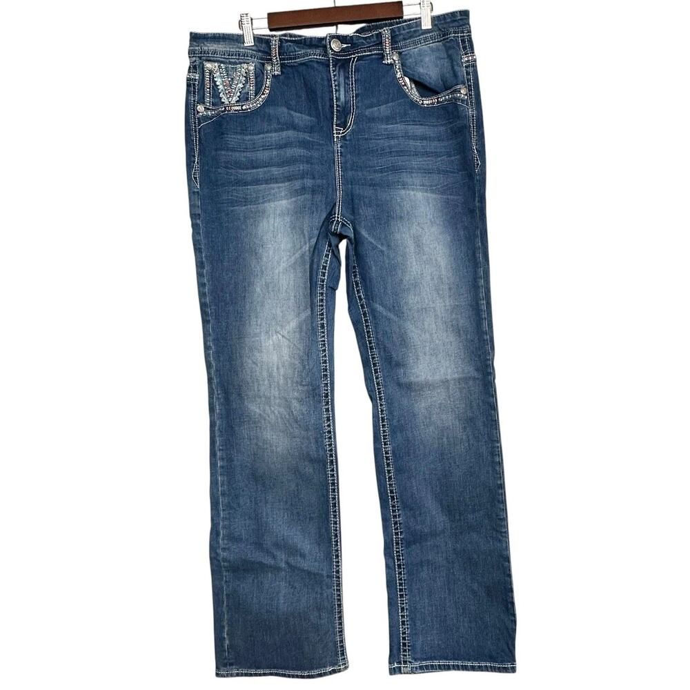 Grace In LA Plus Size P Straight Dark Wash Jeans Aztec Sequins Pockets Size 19 - Picture 2 of 16